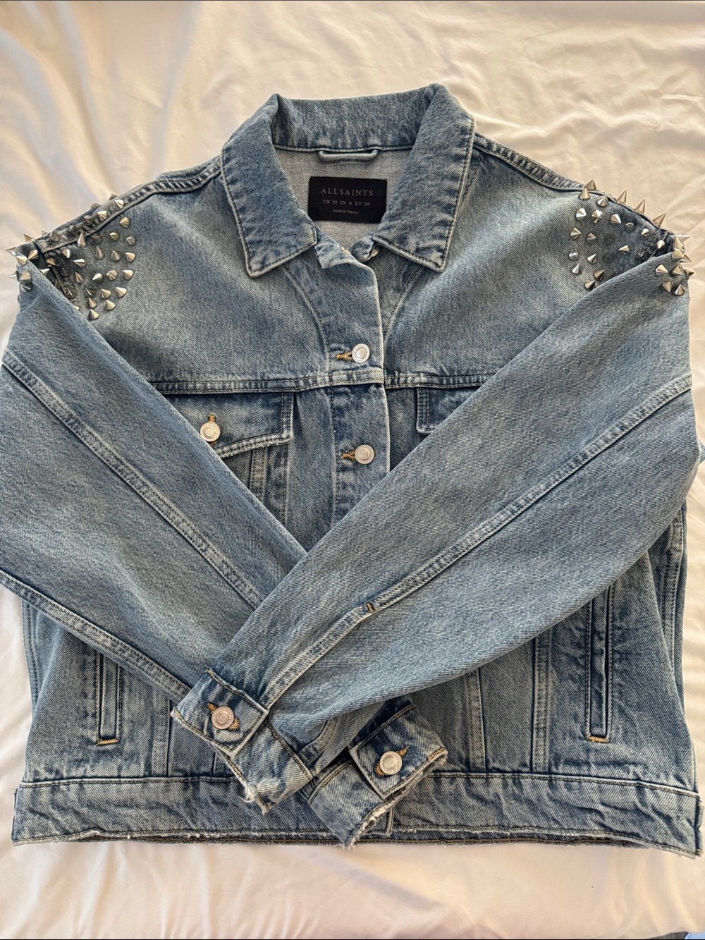 AllSaints Light Blue Denim Jacket with Silver Studded Shoulders